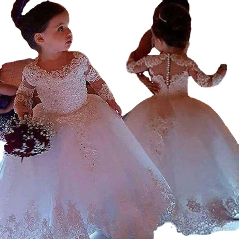 Robes de demoiselle d'honneur blanches pour mariages, en Tulle, en dentelle, demi-manches, robes de première Communion, de fête, de concours, personnalisées pour enfants