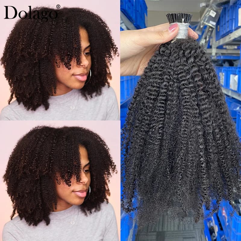Extensions de Cheveux Humains pour Femme, Noir Naturel, Afro, Kinky, Curly, I Tip Microlinks, Mongole, 3 Bundles
