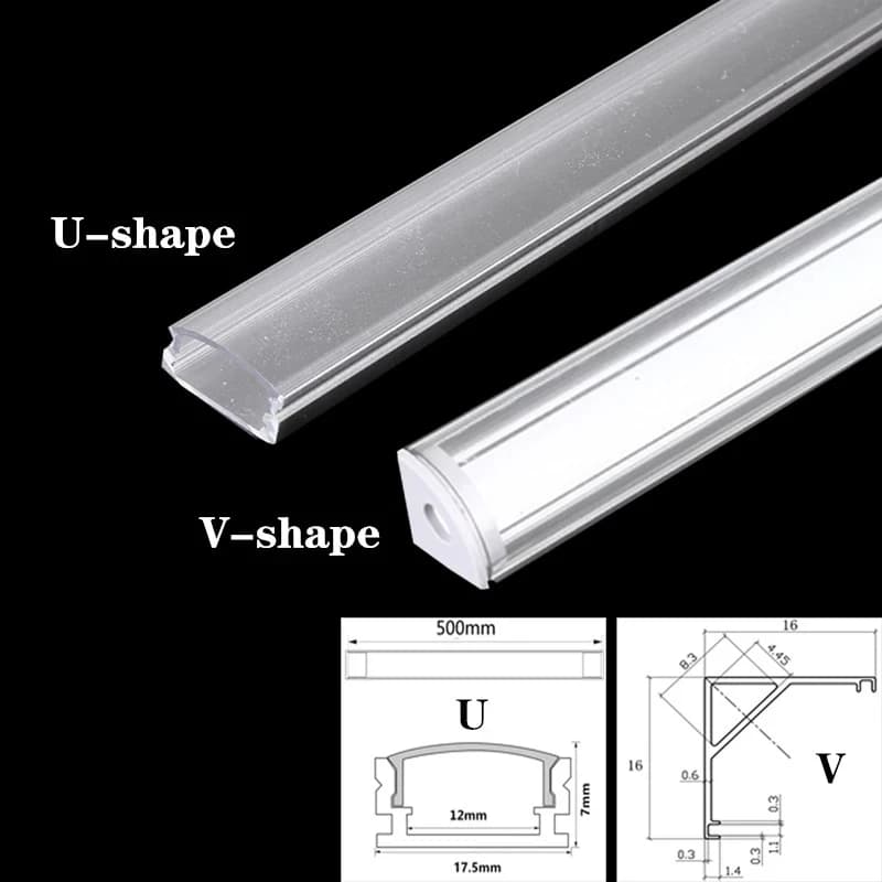 Profilé en aluminium LED en forme de U/V de 0,5 m, utilisé pour les bandes LED 3528 5630 5050, profilé en aluminium LED pour éclairage intérieur.