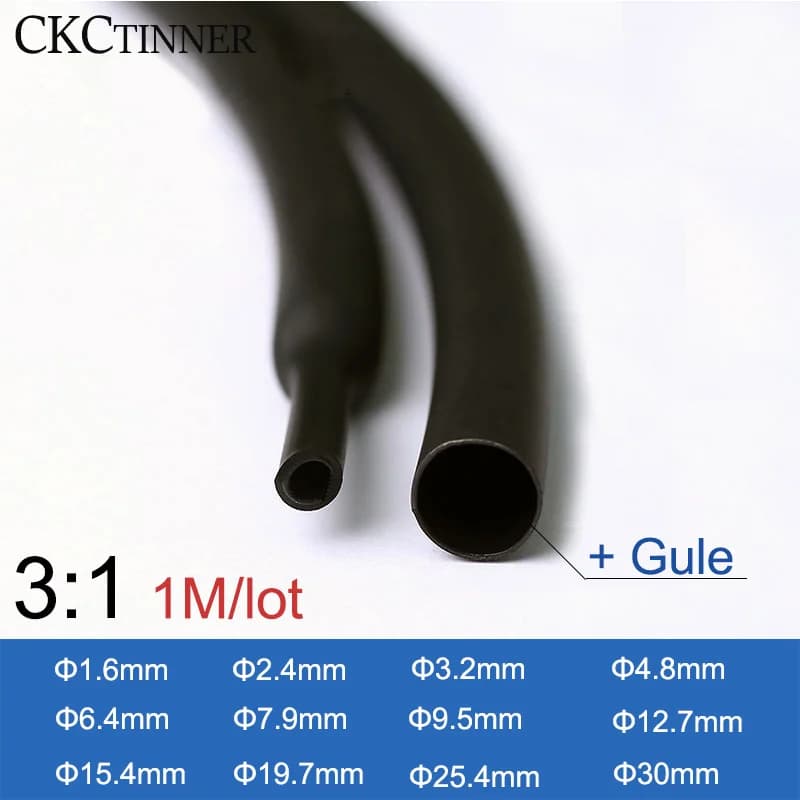 Tube thermorétractable noir 3:1, avec tube de colle à double paroi, diamètre 1.6mm-30mm, manchon de câble, manchon doublé adhésif, 1 M/lot