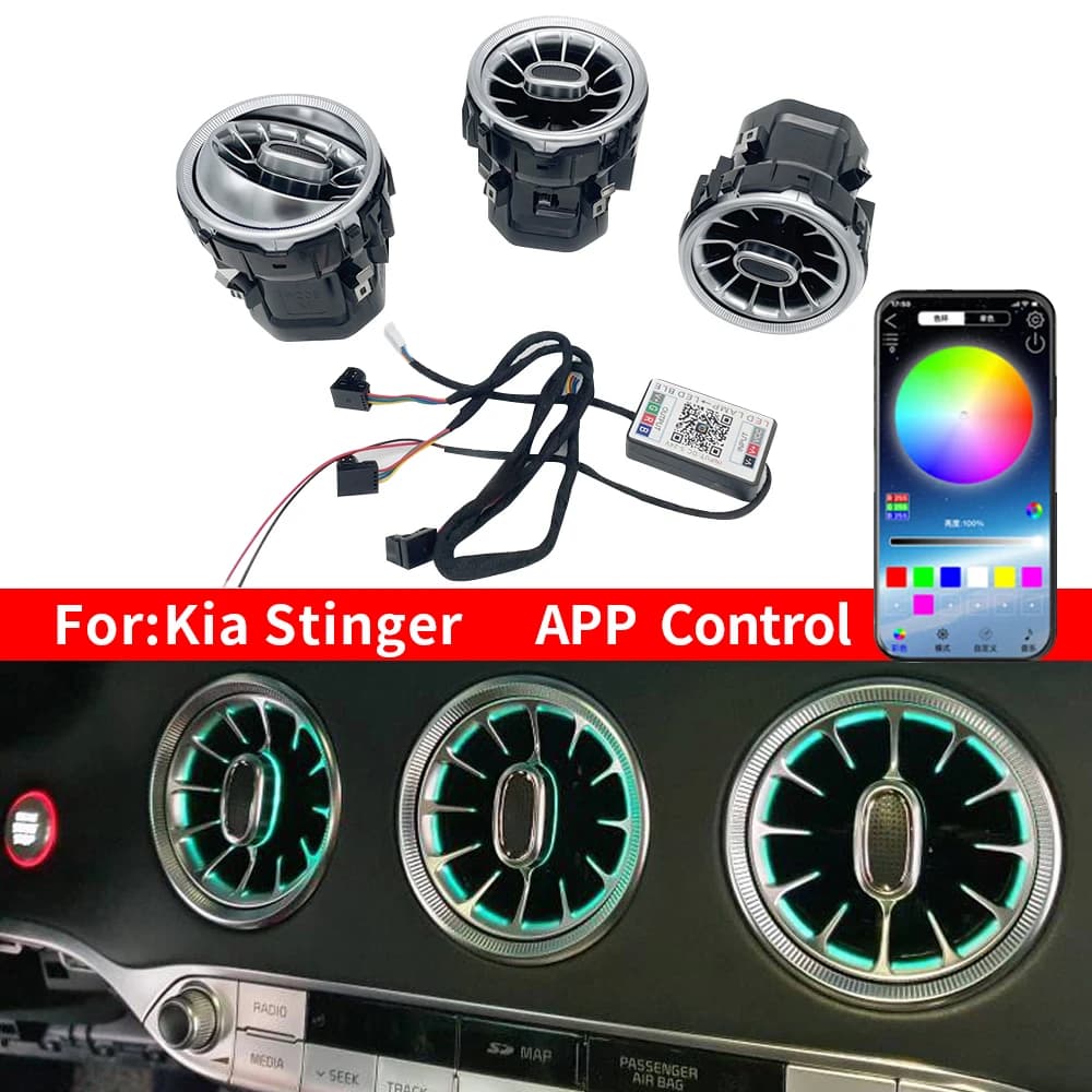 Diffuseurs d'air LED pour voiture Kia Stinger, 12/64 couleurs, forme turbine, éclairage d'ambiance, pour la modification du climatiseur automobile.