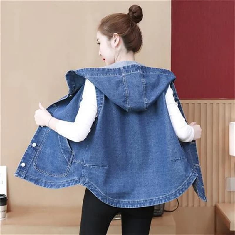Grande taille femmes Denim gilet 2024 automne nouveau coréen sans manches Denim gilet ample ventre couverture à capuche veste tendance femmes hauts