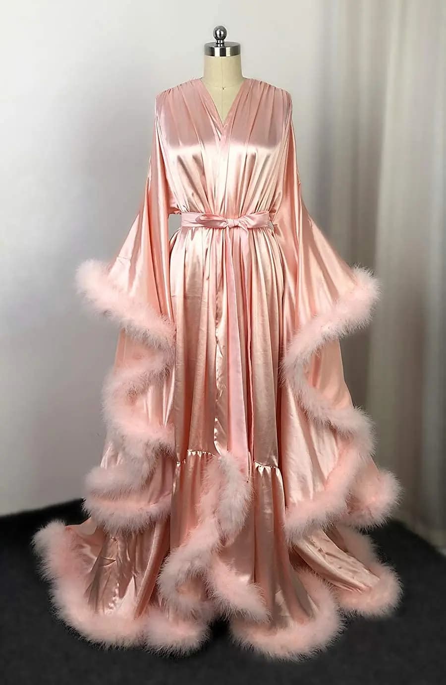 Peignoir de bain en soie, plumes, avec boutons, manches longues, pour femmes