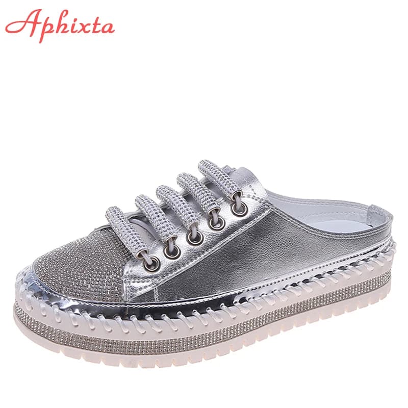 Aphixta; luxueux nouvelle plate-forme demi pantoufles femmes été Couple Bling Mules cristaux à lacets chaussures diapositives grande taille 42 43
