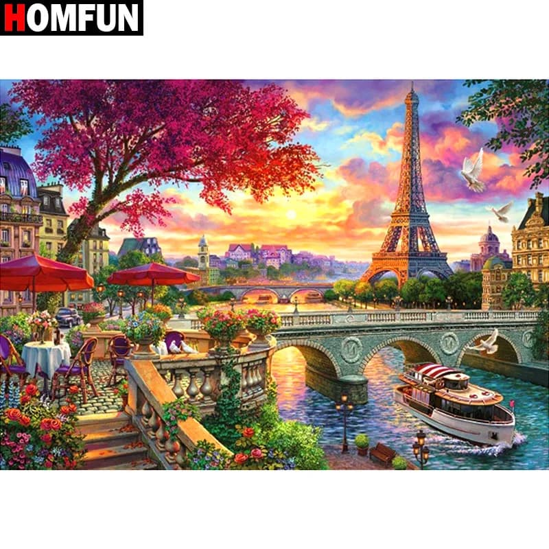 HOMFUN plein carré/rond perceuse 5D bricolage diamant peinture "paysage de Paris" 3D broderie point de croix 5D décor à la maison cadeau