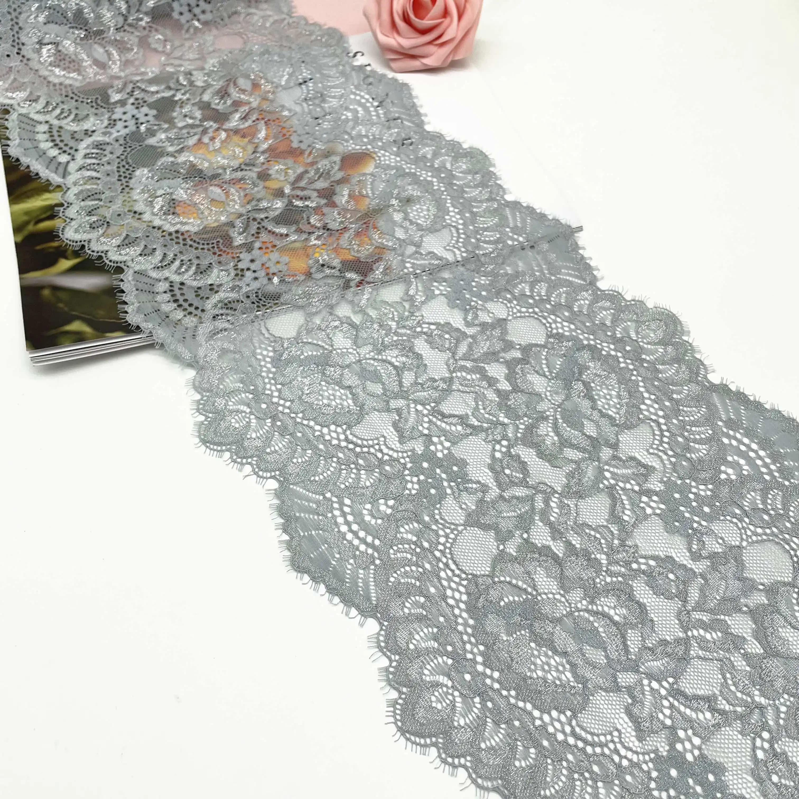 Garniture en dentelle de cils gris argenté pour vêtements de printemps, ourlet de jupe, sous-vêtements, artisanat de couture bricolage, dentelle décroissante, largeur 23cm, 3 ans par lot