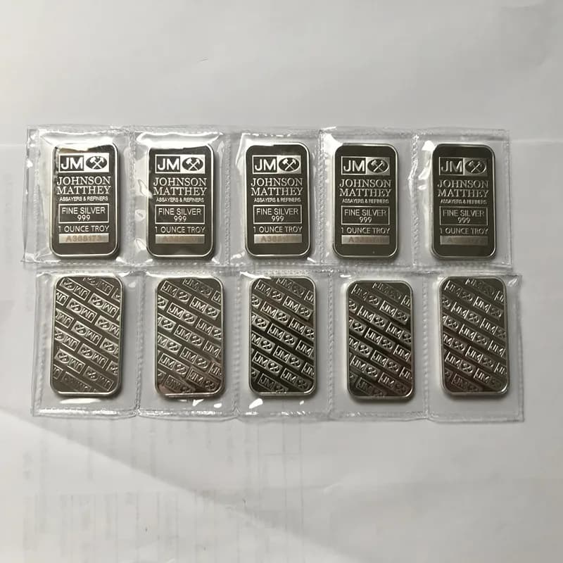 5 pièces de barres de monnaie souvenir plaquées argent Johnson Matthey 1 OZ JM non magnétiques, scellées sous vide, avec numéros de série laser différents