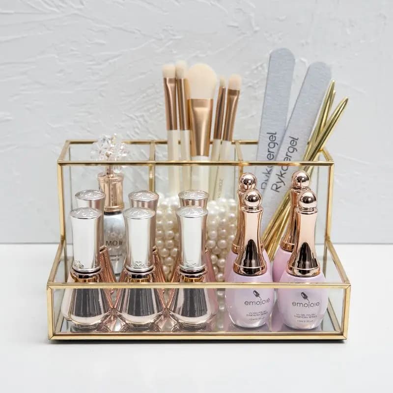 Étui de maquillage en verre transparent avec bord recouvert d'or, étui à bijoux, étui à rouge à lèvres