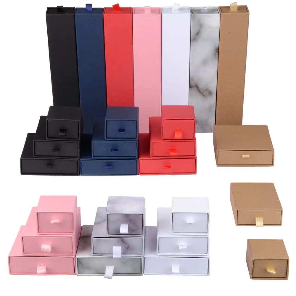 Chanfar 10 pièces/lot carton tiroir coulissant anneau collier bijoux cadeau boîte d'emballage avec ruban corde noir Kraft coton rempli
