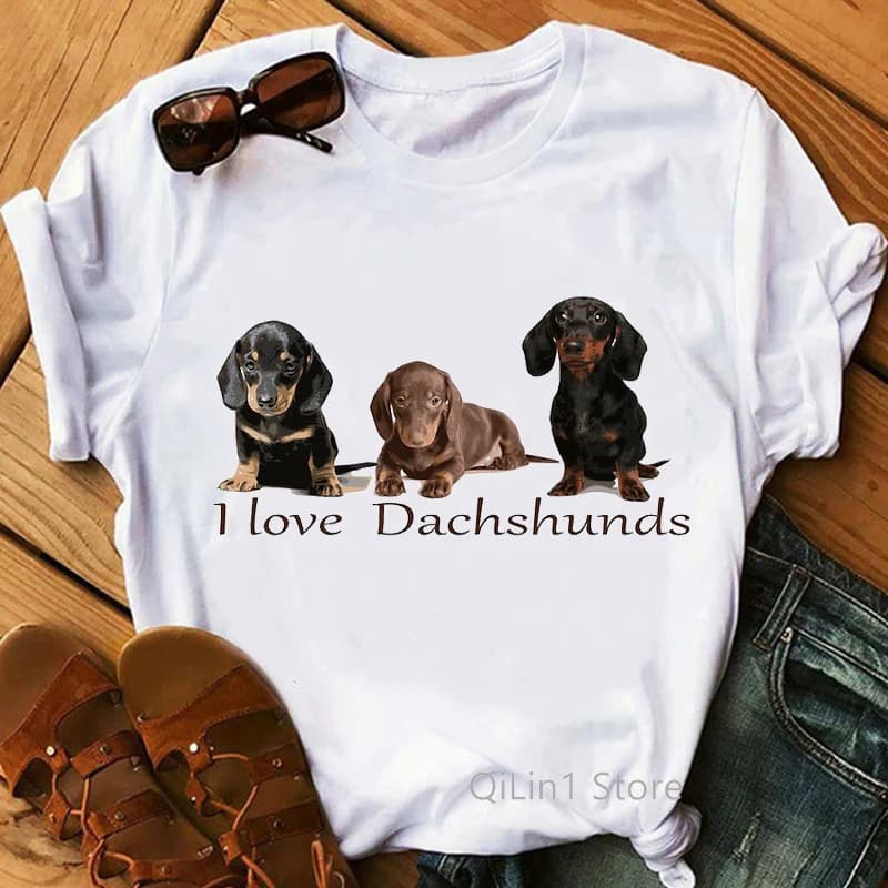 T-shirt graphique I Love My Dachshund pour femme, t-shirts blancs drôles, haut à manches courtes pour femme, t-shirt femme vintage, cadeau d'anniversaire pour amoureux des chiens
