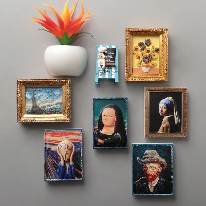 Mona Lisa réfrigérateur autocollants magnétiques van gogh tournesol peintures de renommée mondiale 3d réfrigérateur aimants décoration de la maison collection
