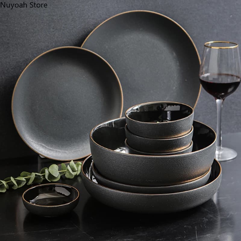 Ensemble de vaisselle en céramique conviviale rée ronde nordique, bol noir et or, assiette simple, coup d'or, cuillère à vaisselle, 8 po, 380ml