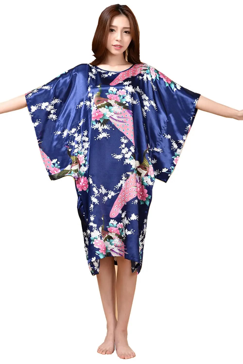 Robe de nuit en fausse soie pour femmes, grande taille, noire, motif floral, Zh07C