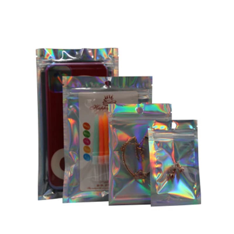 Sac plastique multi-tailles hologramme, pochette alimentaire en aluminium, petites poches étanches à fermeture éclair, sacs de rangement à fermeture éclair