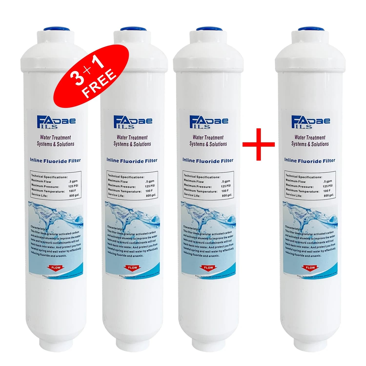 Filtre à eau en ligne universel 10 ", pour l'élimination du chlore, du fluor et de l'arsenic (3 + 1 gratuits)