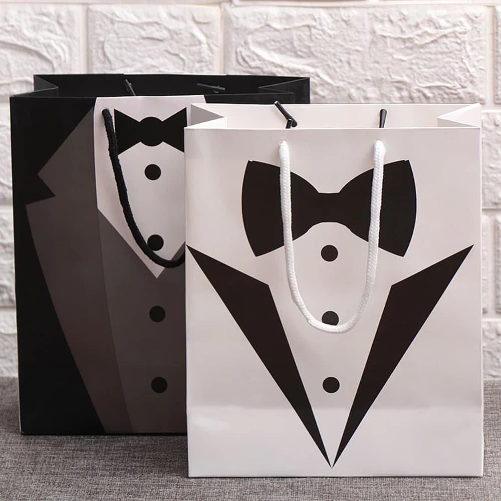 Sacs cadeaux de remerciement en papier Groomtime, smoking, noir, blanc, fête des patients de mariage, faveur de bricolage, demoiselle d'honneur, fournitures de sacs de remerciement