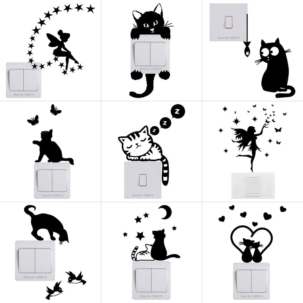 Autocollant pour interrupteur de lumière, décoration murale pour chambre d'enfant, chat, fée, lune, étoiles, en vinyle, décoration de maison pour chambre d'enfant, DIY bricolage