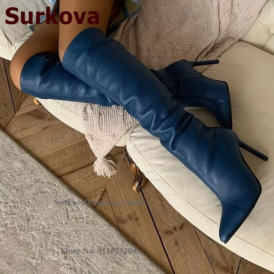 Surkova-Bottes hautes à talons hauts pour femmes, chaussures de gladiateur, bleu marine, sexy, pointues, zippées, hauteur genou, concis, taille 46