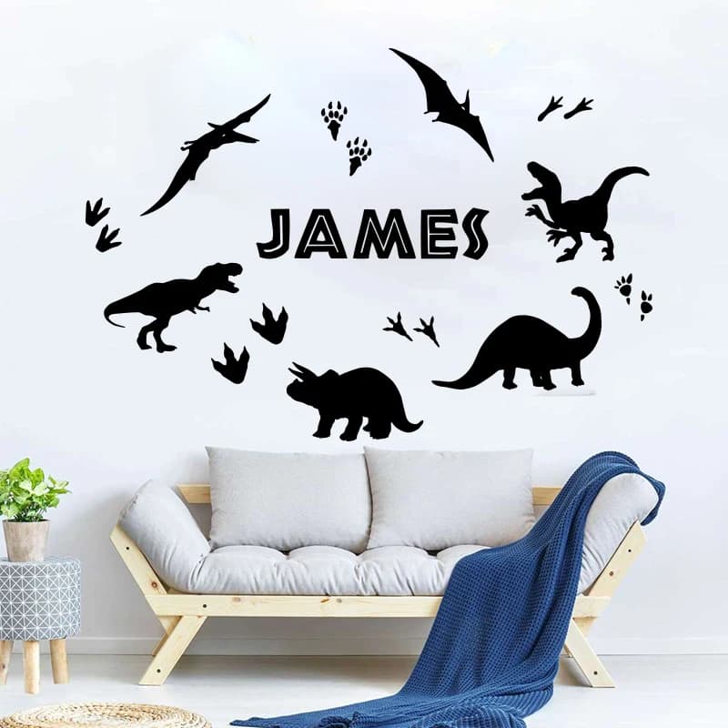 Autocollant Mural T-Rex Personnalisé avec Nom et Empreinte de Dinosaure, Étiquette pour Chambre d'Enfant