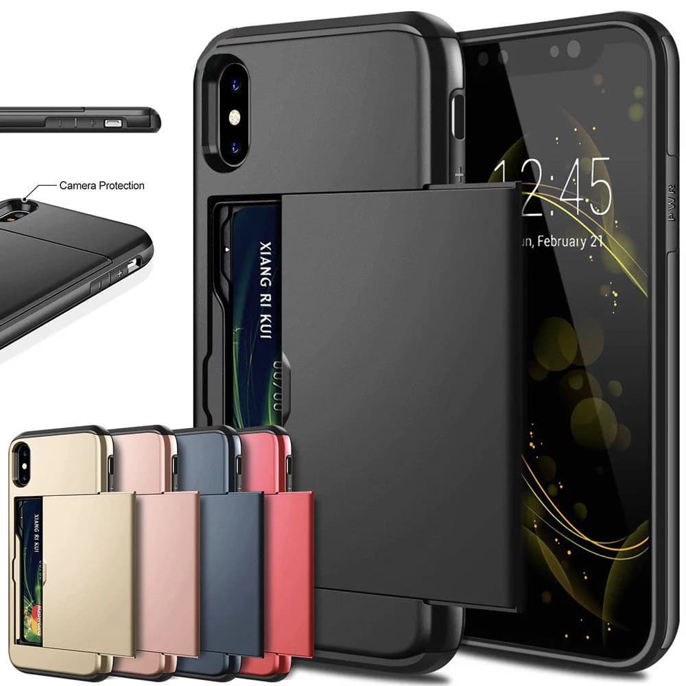 Étuis de téléphone d'affaires pour iPhone X XS Max XR, étui coulissant, armure, portefeuille, fentes pour cartes, support, couverture pour iPhone 7 8 Plus 6 6s 5 5s SE