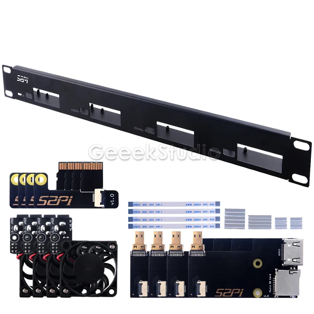Kit de support en acier 1U pour grappes Raspberry Pi 4B, 19 pouces, 4 emplacements, dissipateurs thermiques, carte TF vers carte FPC, câble de ventilateur de refroidissement