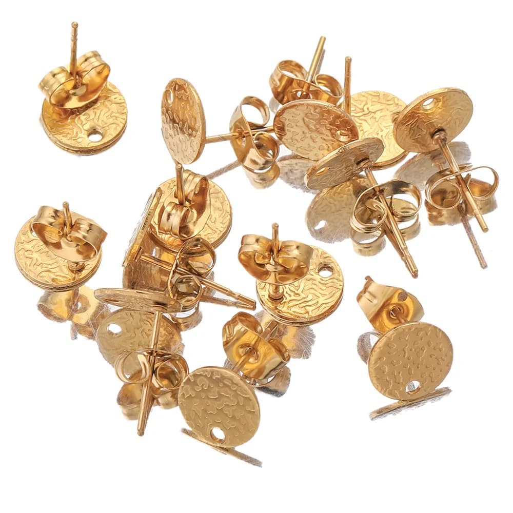 Connecteurs de boucles d'oreilles en acier inoxydable doré, 10 pièces, poteaux ronds avec trou, bricolage pour femmes, fournitures de fabrication de bijoux, accessoires