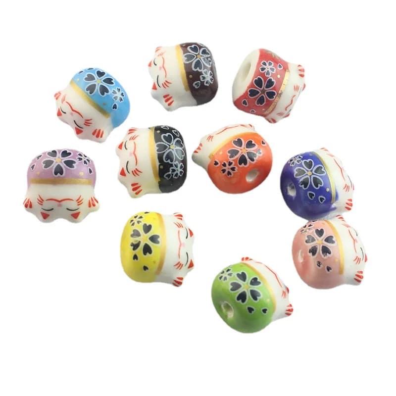 Perles en céramique chat porte-bonheur peintes à la main, 30 pièces, 13x14mm, trou Vertical, entretoise ample, perle en céramique pour la fabrication de bijoux, bricolage