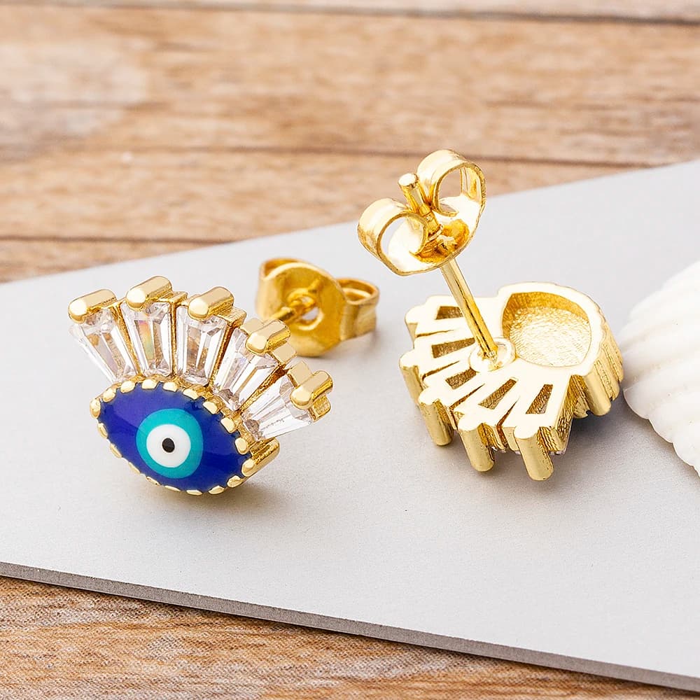 Boucles d'oreilles porte-bonheur turc mauvais œil Fatima, bijoux faits à la main, couleurs bleu/rouge/noir, cuivre CZ, cadeau de fête