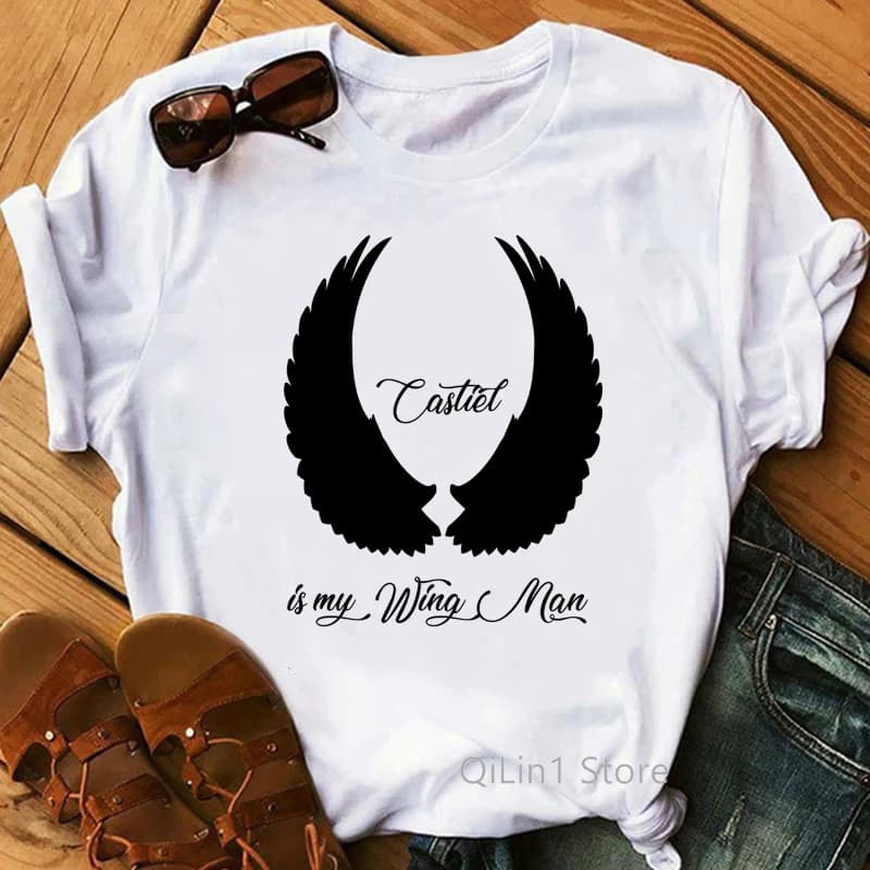 T-shirt vintage avec imprimé de Sam Winchester dans mon aile pour femme, haut avec sourire naturel