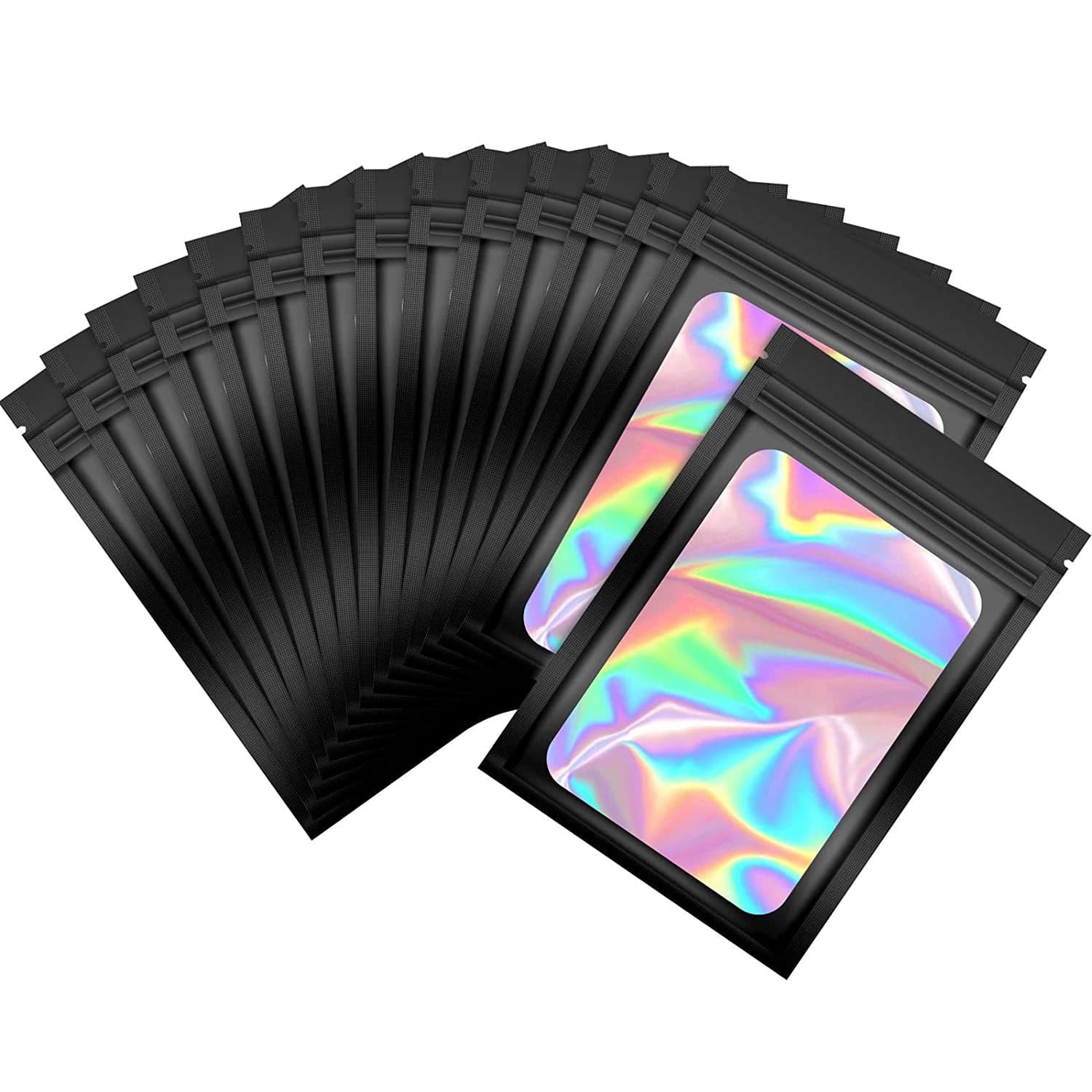 Sacs holographiques refermables pour aliments, sacs en mylar pour odeur, emballage en poudres, fenêtre transparente, 100 pièces