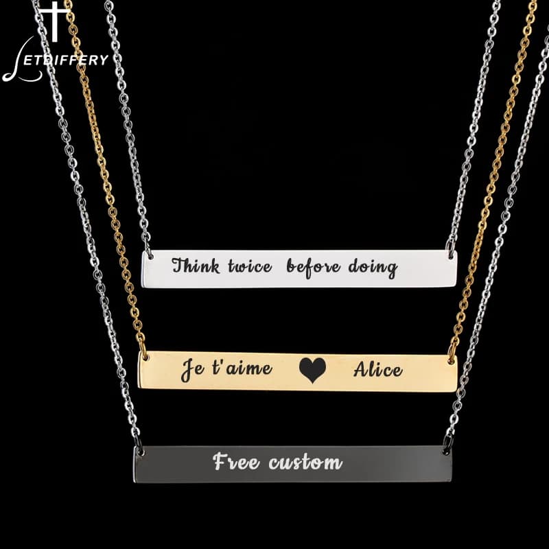 Letdiffery – collier à pendentif gravé personnalisé, barre en titane, nom et Date gravés pour fête d'anniversaire, cadeaux d'anniversaire, 50mm