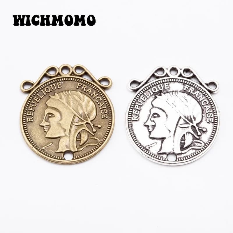 Nouveau lot de 8 breloques connecteurs rondes rétro en alliage de zinc, 27*24mm, à deux trous, pour la fabrication de colliers, boucles d'oreilles et accessoires de bijoux DIY