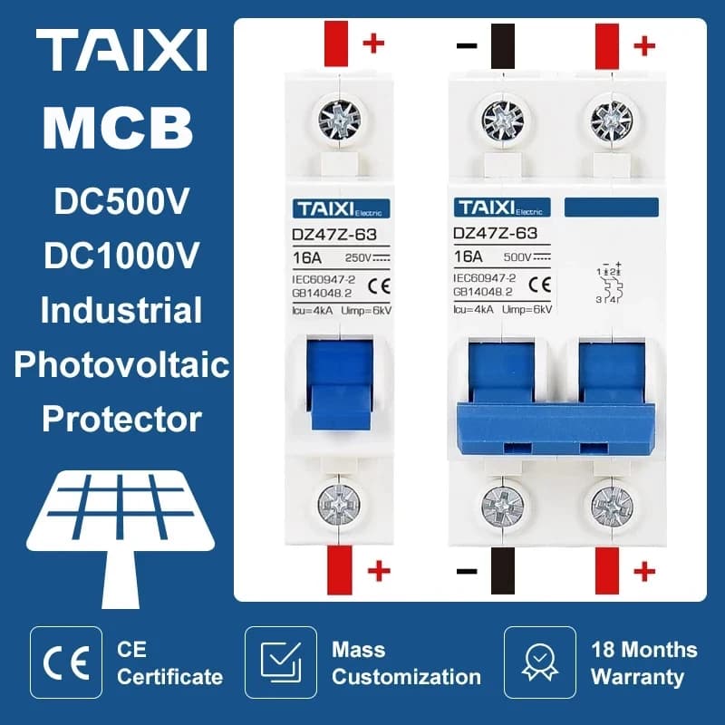Mini disjoncteur à énergie solaire PV MCB DC 1000V, 2P 100A 500V, interrupteur de production d'énergie photovoltaïque 63A 16A 40A 32A 125A
