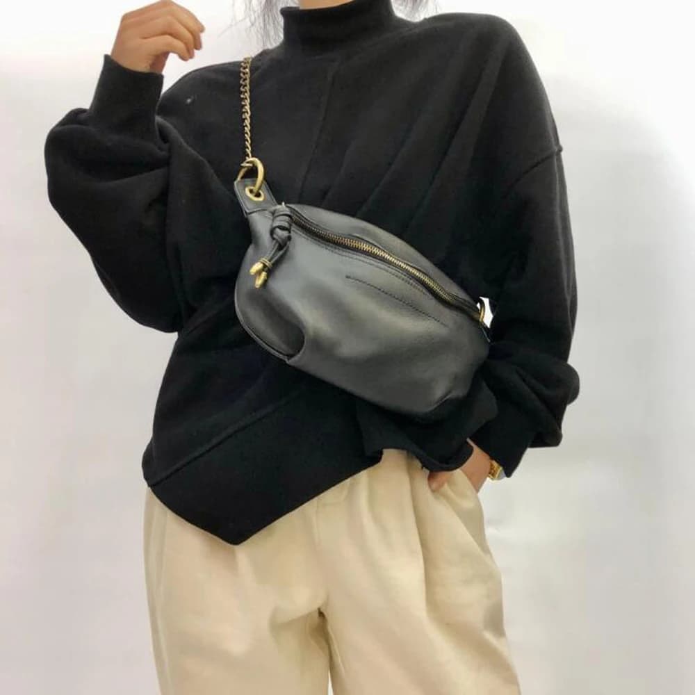 Sac de poitrine, sac banane et sacoche de selle 100% cuir de vachette naturel pour femme, en cuir véritable, avec fermeture éclair et pompon