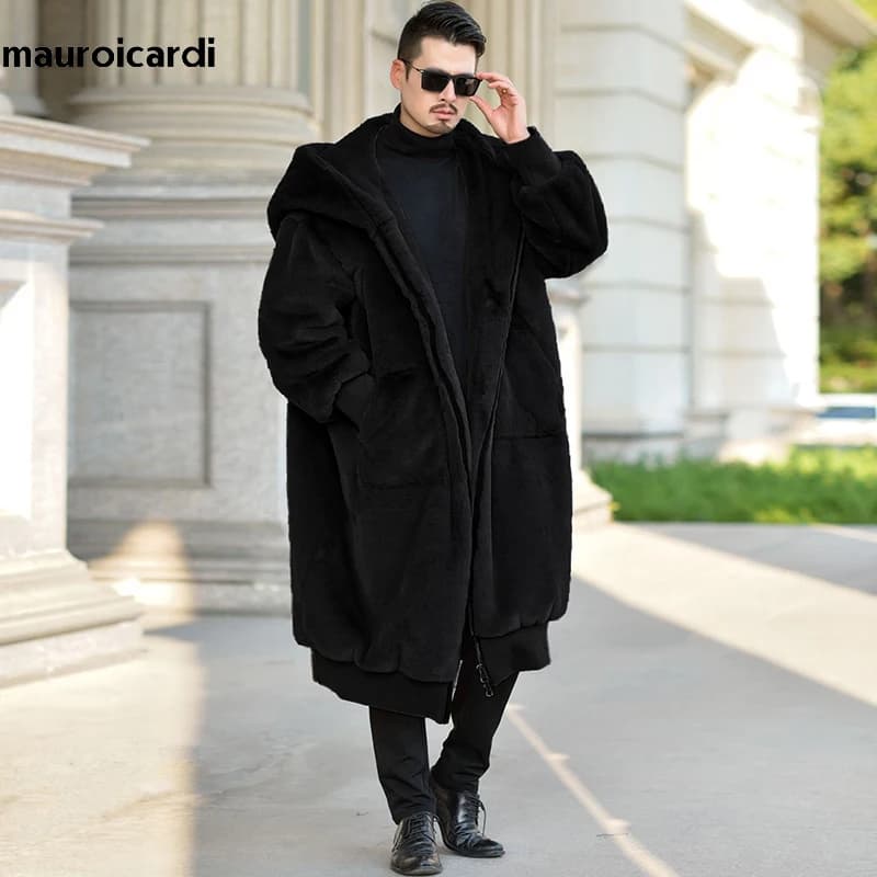 Mauroicardi-Manteau d'Hiver en Fausse Fourrure pour Femme, Vêtement Long et Chaud, avec Capuche, Manches sulf, Fermeture Éclair, Mode Coréenne, 2021