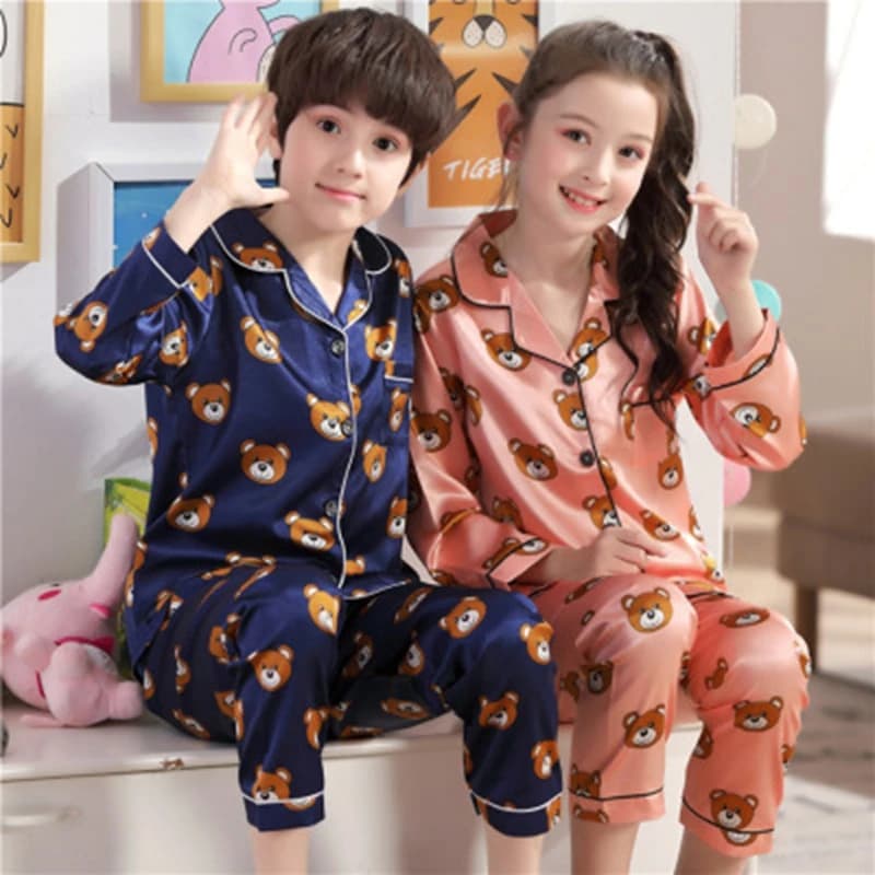 Nouvel ensemble de pyjamas imprimés à revers, manches longues, motif ours de dessin animé, pour filles et garçons, vêtements d'intérieur pour enfants et tout-petits