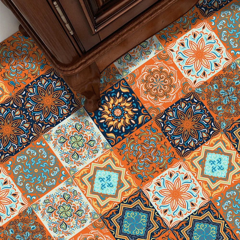 Autocollant de carrelage à motif Floral Orange, Film imperméable pour carrelage/sol dans la cuisine, la chambre à coucher, la salle de bain, décoration artistique du sol, papier peint, 10 pièces