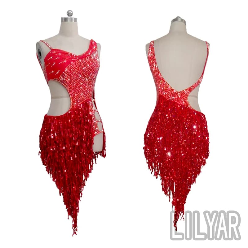 Robe de Performance de Concours de brevLatine pour Adulte, Rouge, à Paillettes Découpées, Sexy, Nouvelle Collection