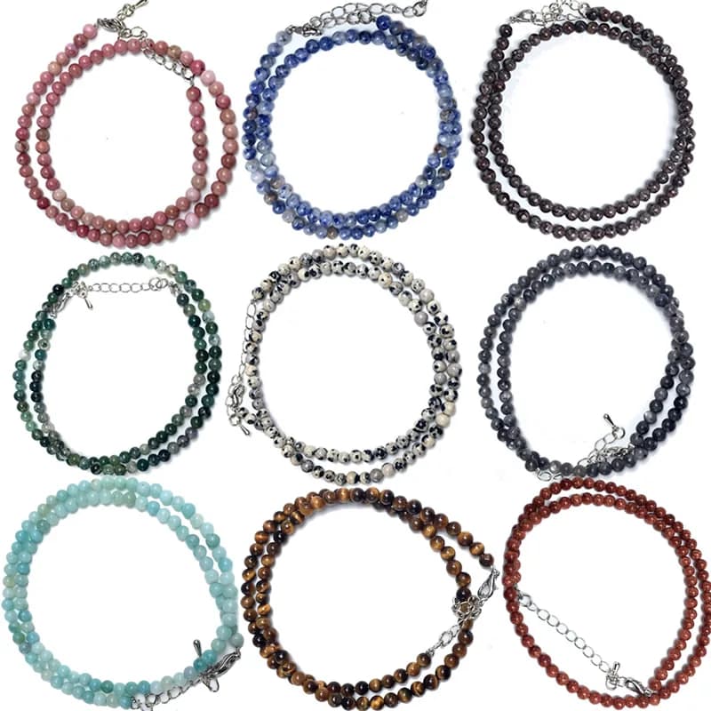Collier de perles naturelles 4 mm en œil de tigre, sodalite, amazonite, labradorite – Plusieurs couleurs – Cadeaux pour filles – Bracelet et ras-de-cou tendance