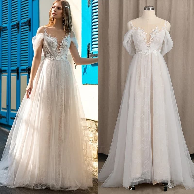 Robe de Mariée en Tulle à Manches sulfFroncées, Tenue à Col en V, Broderie Personnalisée, Dentelle Florale, Perles Boho, Plissée, pour Patients