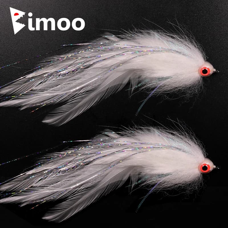 Bimoo 2/0 tête suspendue Lumo yeux 3D banderole blanche appât de poisson mouche pour la pêche au bar au brochet Muskie