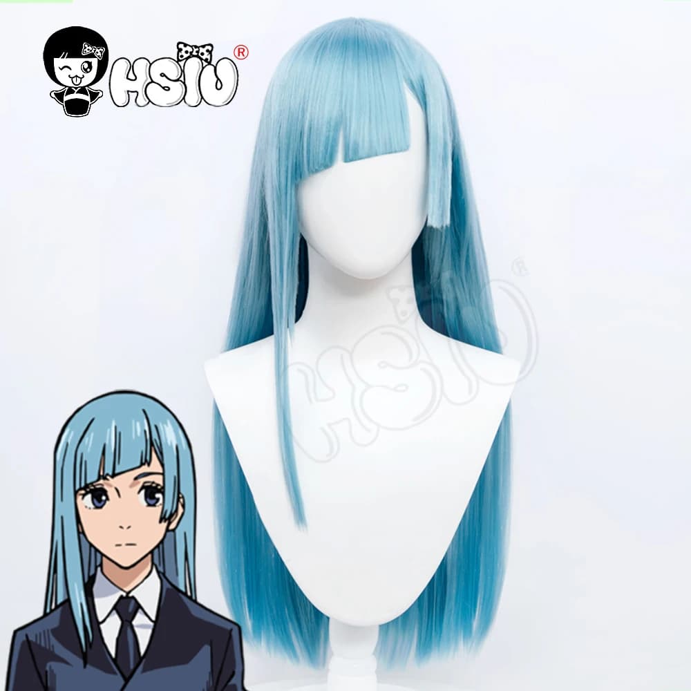Perruque HSIU Miwa Kasumi, perruque de cosplay Anime Jujutsu Kaisen, cheveux longs gris bleu + bonnet de perruque de marque gratuit