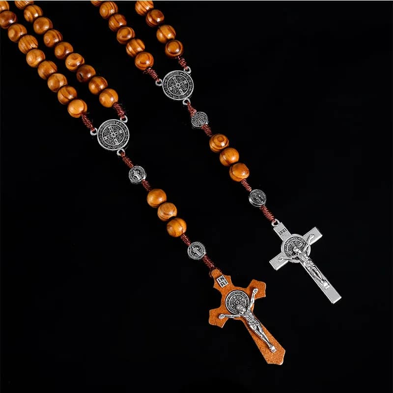 Chapelet Antique en bois tissé à la main, 10mm, médaille de Saint bénisse, collier de croix rétro, bijou de jésus religieux catholique