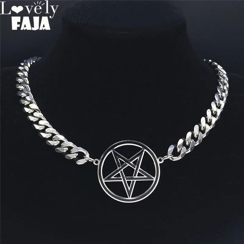 Collier Pentacle Inversé Punk pour Hommes, Chaîne Cubaine en Acier Inoxydable, Bijoux Satan