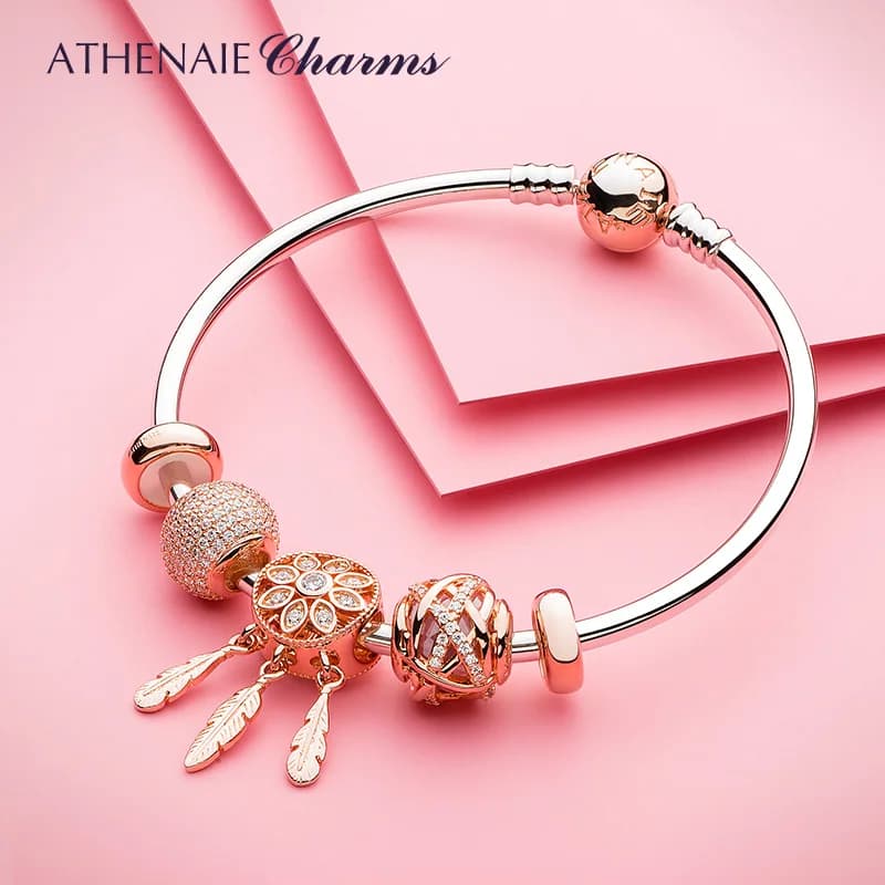 ATHENAIE-Breloques Spirituel Dreamcatcher pour Femme, Argent Sterling 925, Or Rose, Perles Fit Bracelet, Bijoux Leon Day Gift