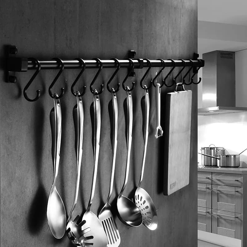 Porte-outil de garde-manger mural en aluminium, barre unique, bande de rangement facile pour ustensiles de cuisine, crochets divers