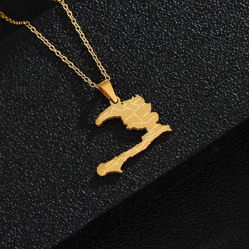 Colliers avec pendentif carte du pays d'Haïti SONYA avec noms des états, pour femmes, couleur or, bijoux ethniques pour fêtes et fiançailles, en acier inoxydable.