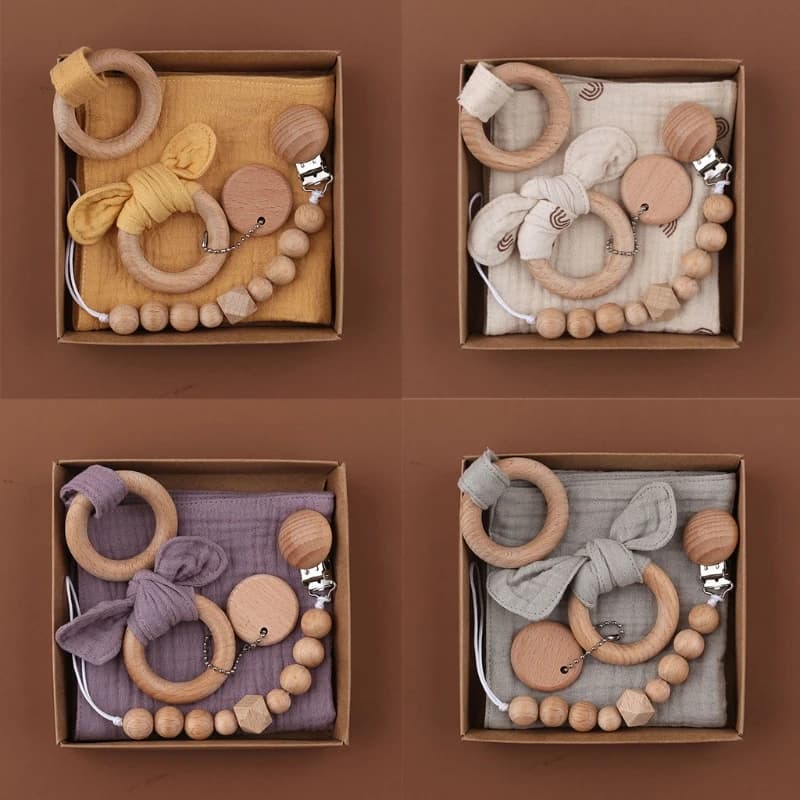 Ensemble de Clips de sucette en coton pour bébé, 1 ensemble, chaîne, bavoir, anneau de dentition, serviette de salive, oreille de lapin, anneau en bois, Bracelet de dentition