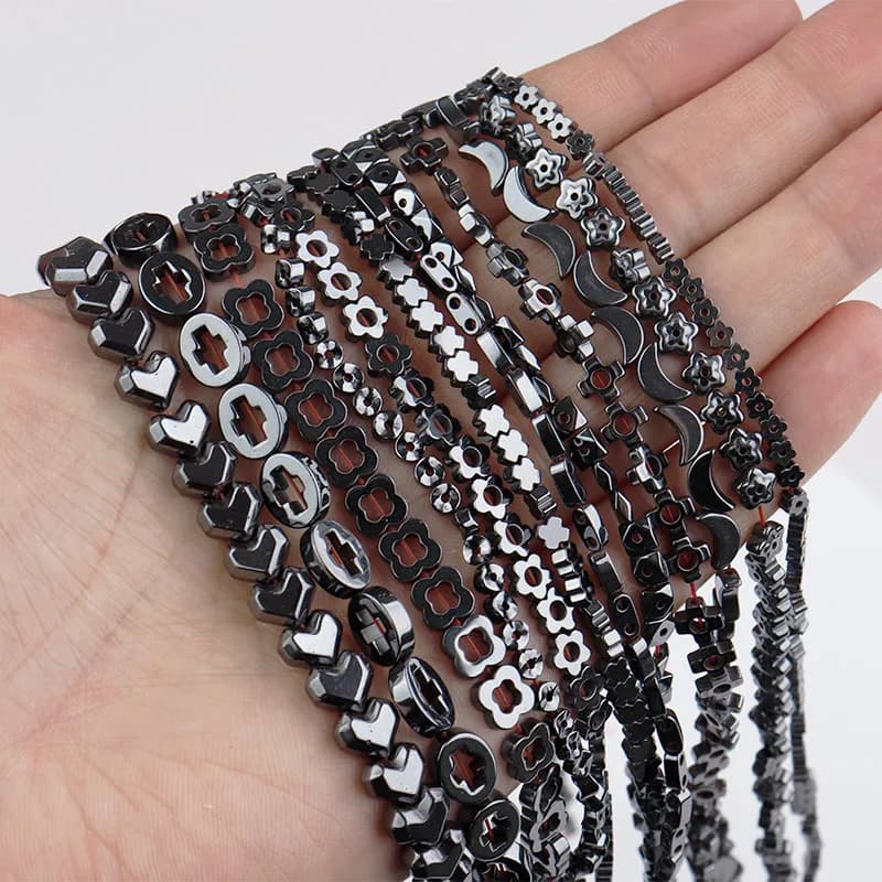 Perles en Pierre Naturelle, Carrées, Cœur, Fleur, Lune, Rondes, Hématite Noire, Intercalaires pour Bricolage, Bijoux, Bracelet de Direction, 15 en Vrac