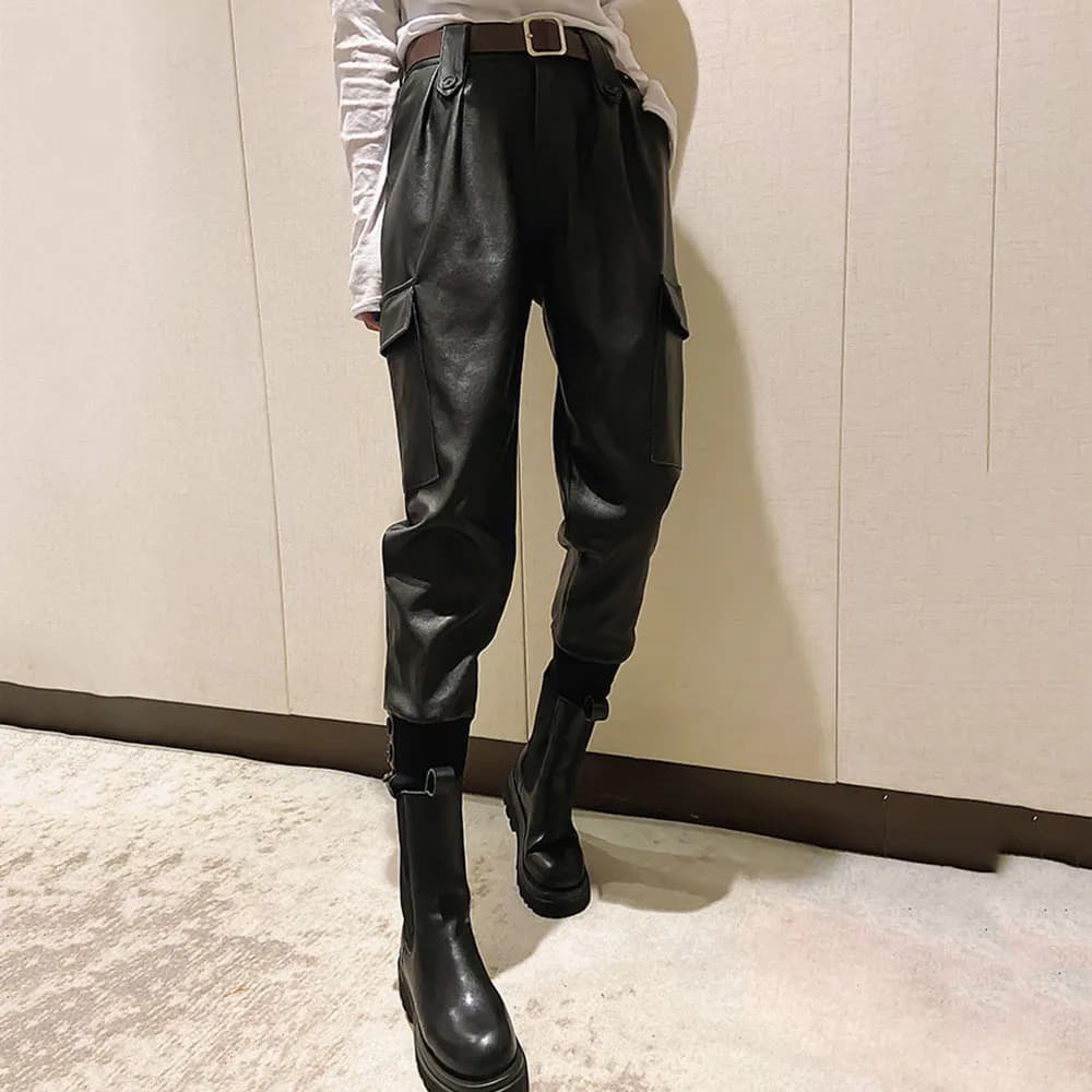 Pantalon en similicuir PU pour femme, pantalon taille haute, poches élégantes, streetwear chic, noir, hiver, automne